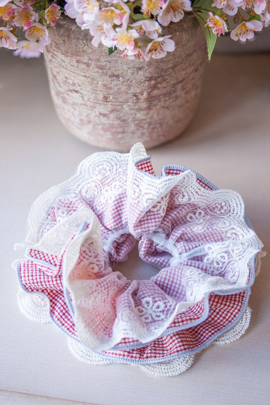 Plaid & Lace Patchwork Hair Scrunchie