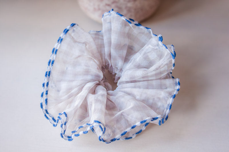 Oversized Blue Gingham Frilled Hair Scrunchie