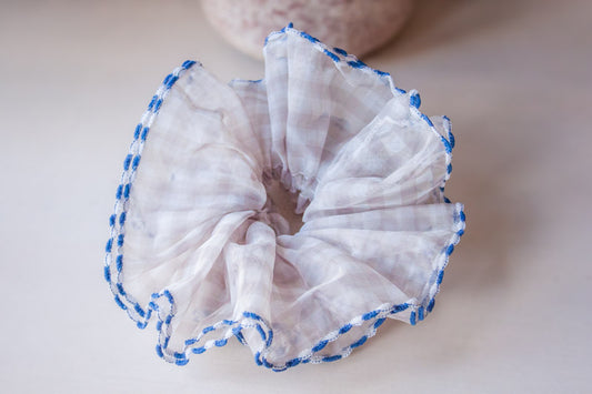 Oversized Blue Gingham Frilled Hair Scrunchie