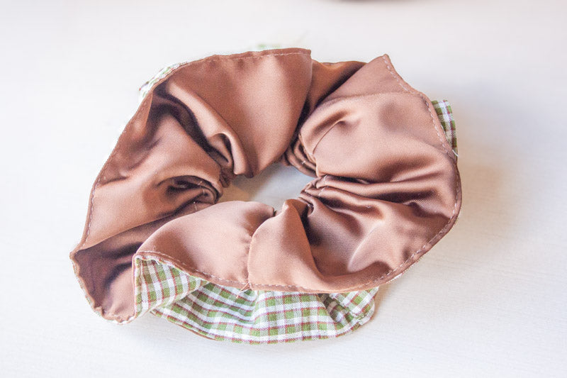 Coffee Satin & Green Check Hair Scrunchie