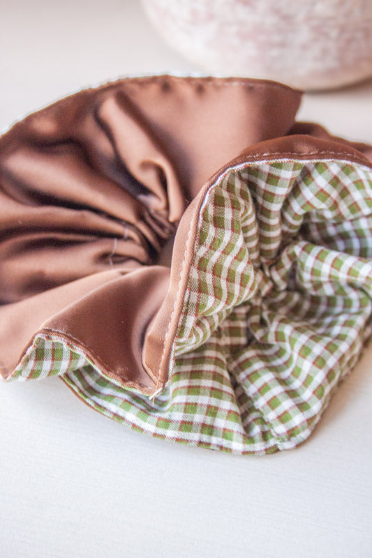 Coffee Satin & Green Check Hair Scrunchie