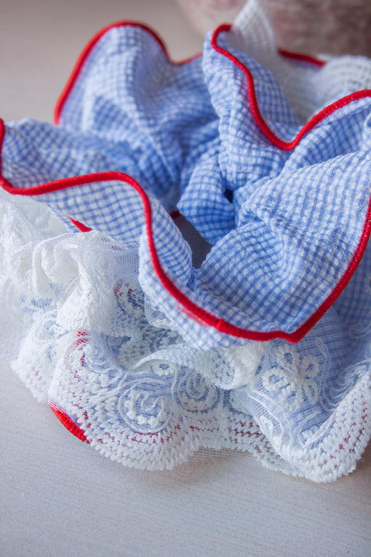 Gingham & Lace Patchwork Hair Scrunchie