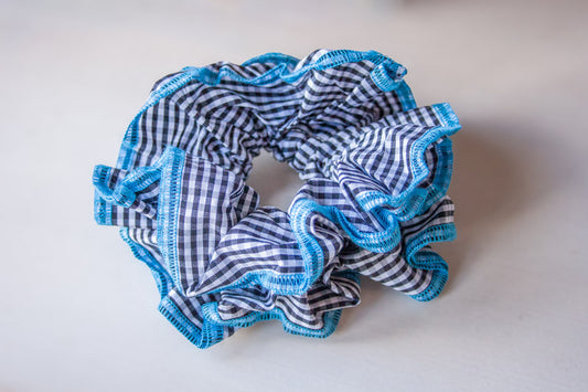 Oversized Blue Gingham & Lace Patchwork Hair Scrunchie