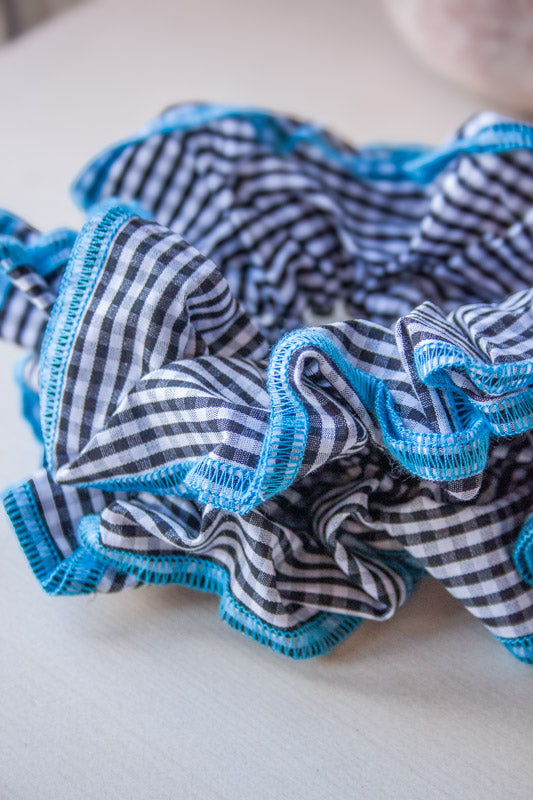 Blue Gingham & Lace Patchwork Hair Scrunchie