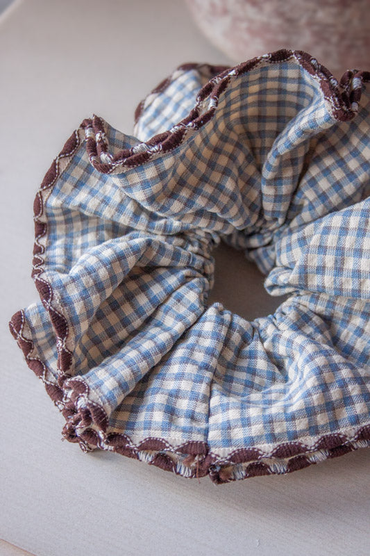 Blue and Maroon Gingham & Lace Patchwork Hair Scrunchie