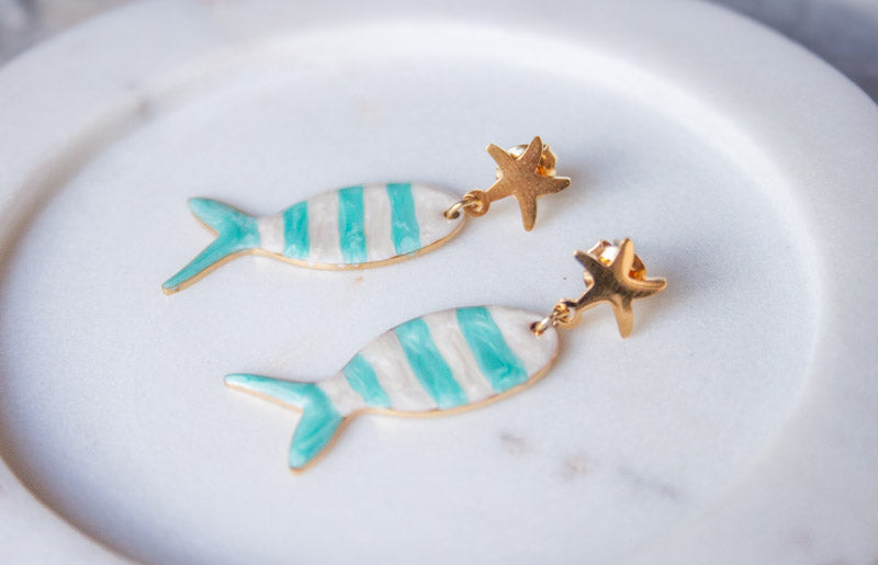 Turquoise Striped Fish Drop Earrings