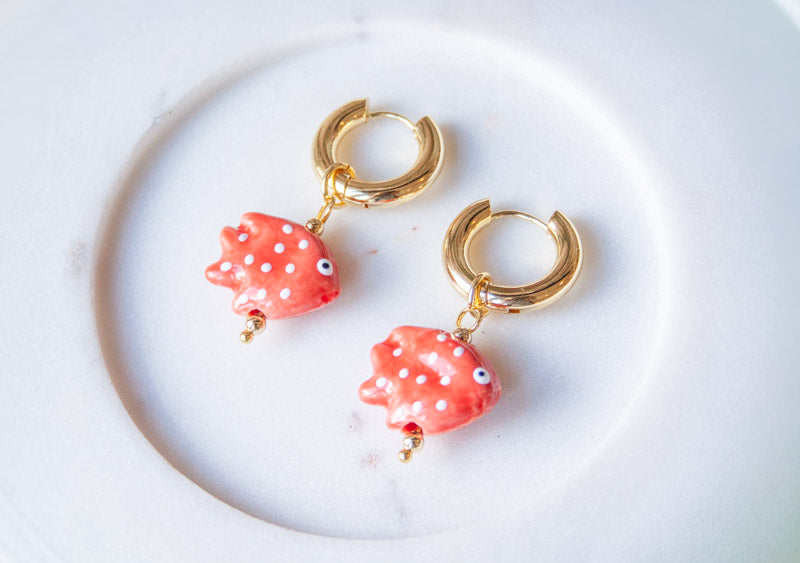 Ceramic Fish Pendant Earring - Orange