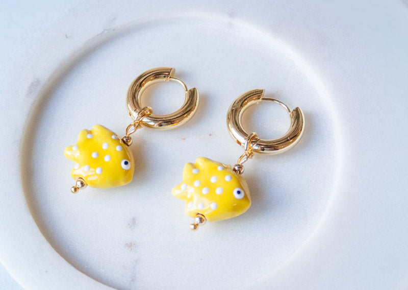 Ceramic Fish Pendant Earring - Yellow