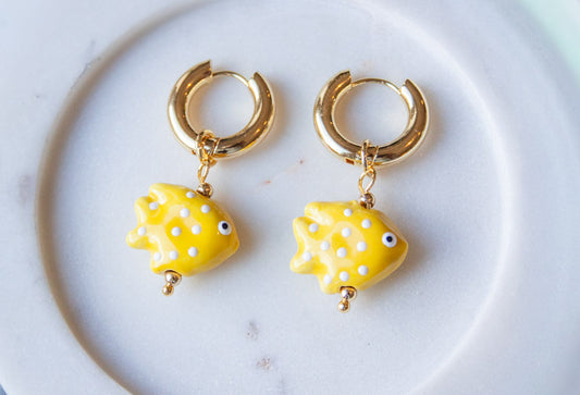 Ceramic Fish Pendant Earring - Yellow