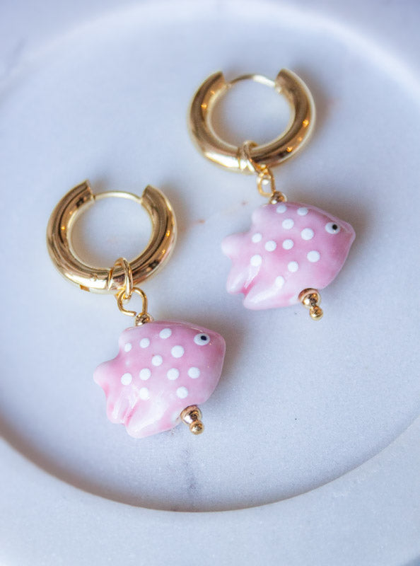 Ceramic Fish Pendant Earring - Pink