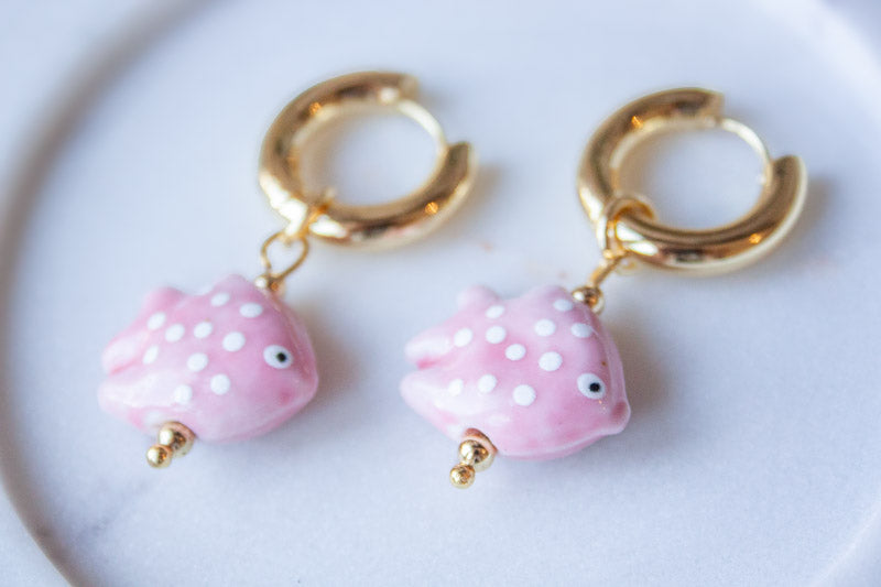 Ceramic Fish Pendant Earring - Pink