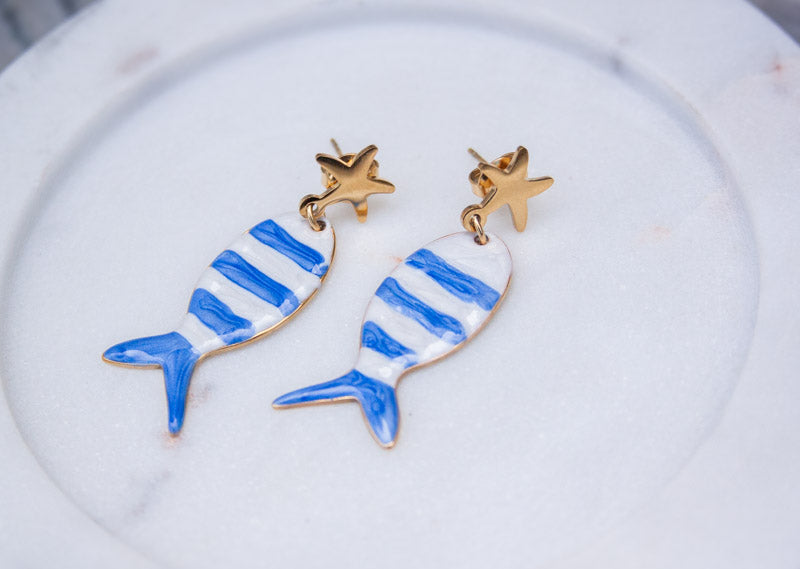 Blue Striped Fish Drop Earrings