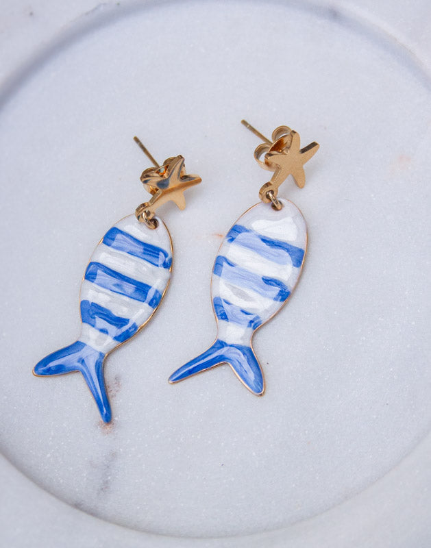 Blue Striped Fish Drop Earrings