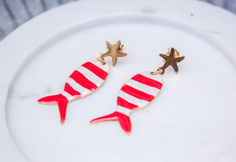 Red Striped Fish Drop Earrings