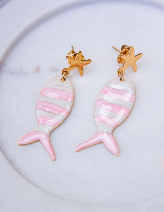 Pink Striped Fish Drop Earrings