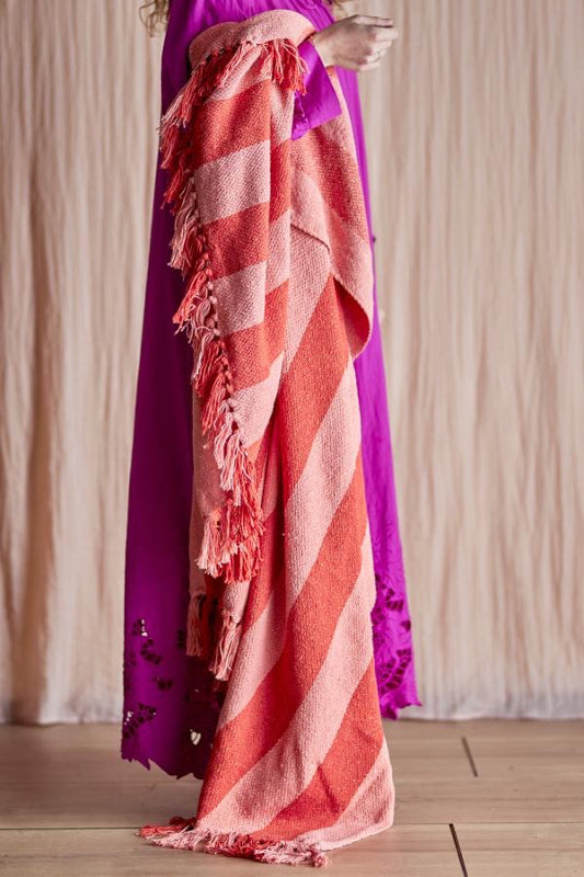 Coral Striped Cotton Throw & Summer Picnic Blanket