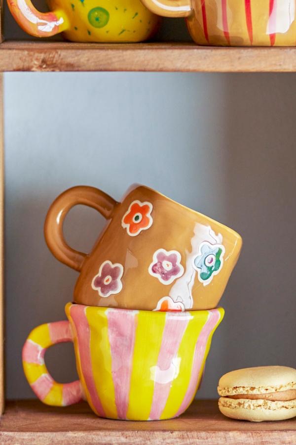Nini Espresso Cup, Stoneware - Pink & Yellow Stripe