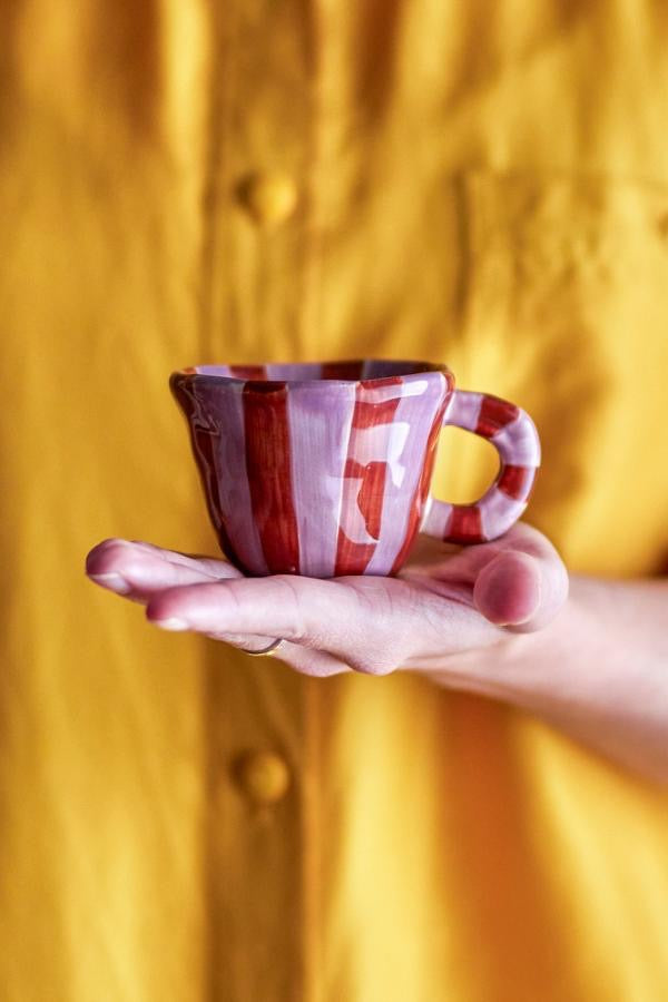 Nini Espresso Cup, Stoneware - Pink & Red Stripe