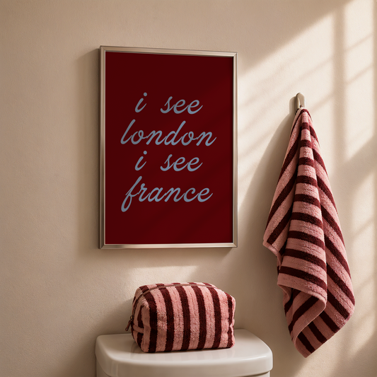 A framed typographic wall art print hangs on a beige wall above a toilet paper holder. The print has a deep red background with the phrase 'i see london i see france' in light blue script.