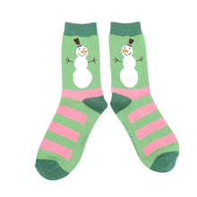  Ladies Bamboo Socks Snowmen Stripes Green