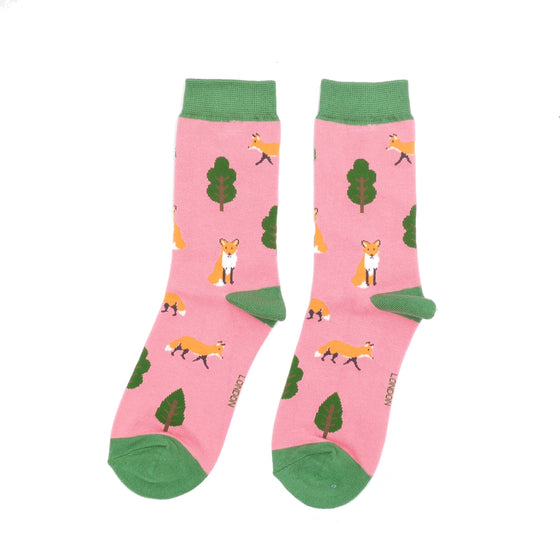 Ladies Bamboo Socks Fox in the Woods Pink