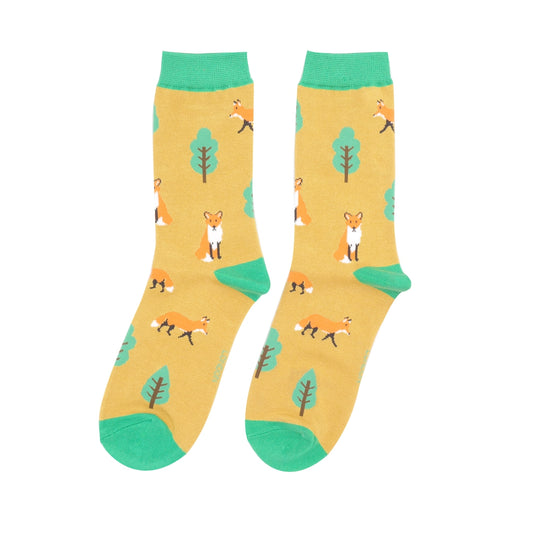 Ladies Bamboo Socks Fox in the Woods Yellow