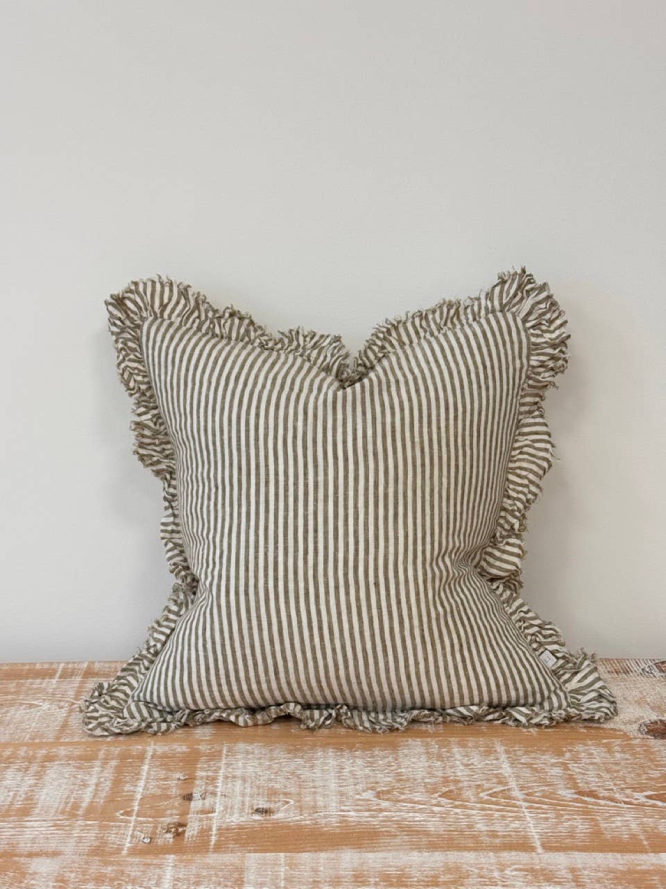 Hallie Ruffled Linen Cushion Cover – Olive Stripe