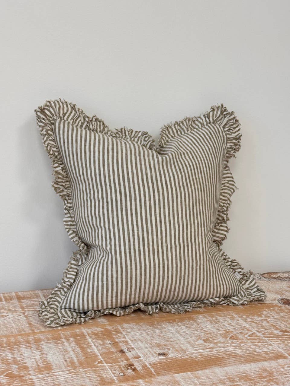 Hallie Ruffled Linen Cushion Cover – Olive Stripe