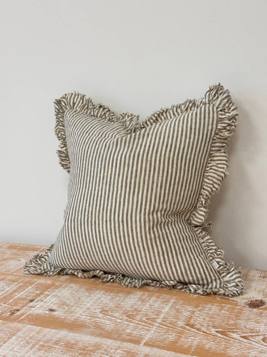 Hallie Ruffled Linen Cushion Cover – Olive Stripe