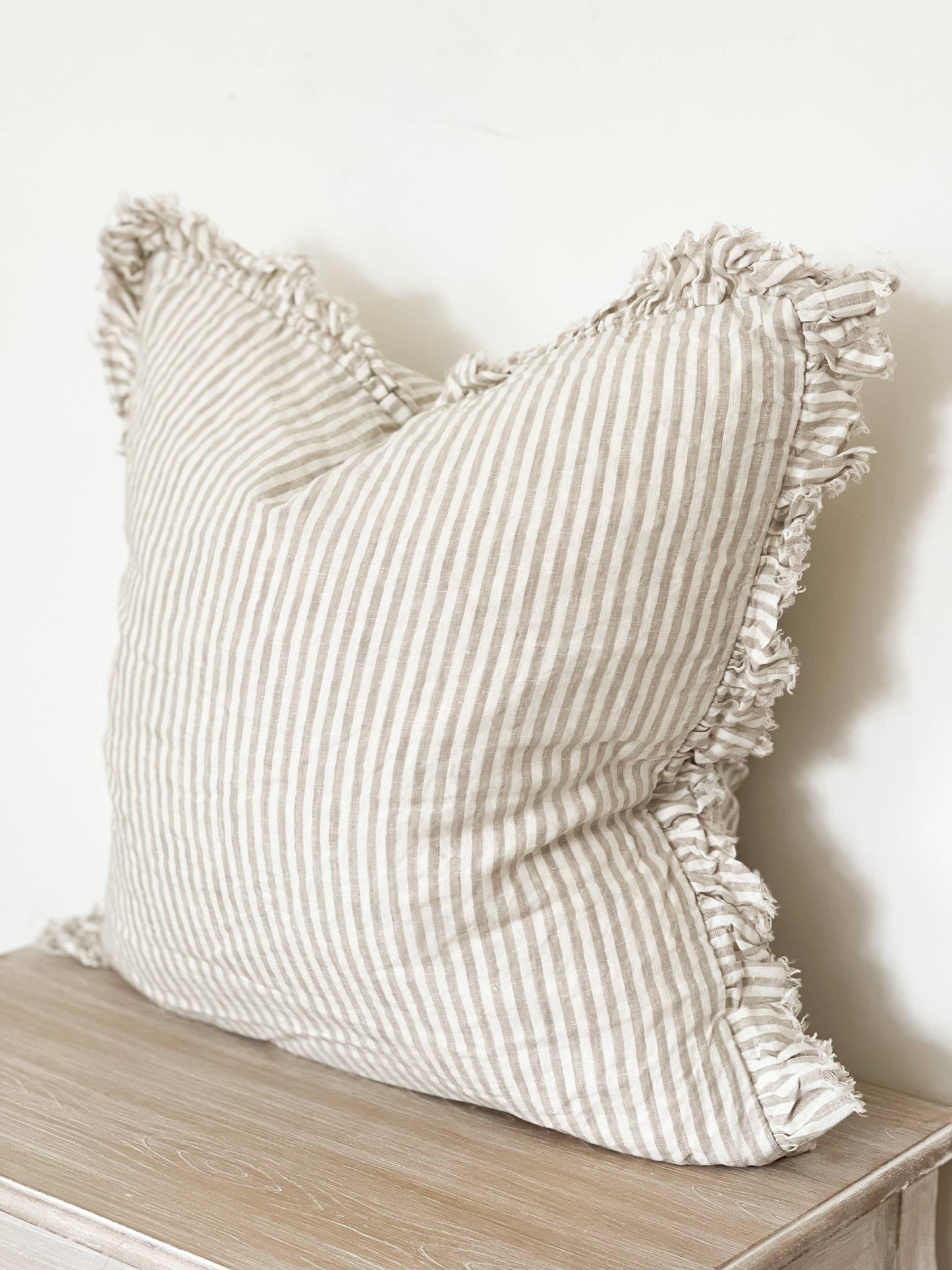 Hallie Ruffled Linen Cushion Cover – Natural Beige Stripe: 45 x 45 cm