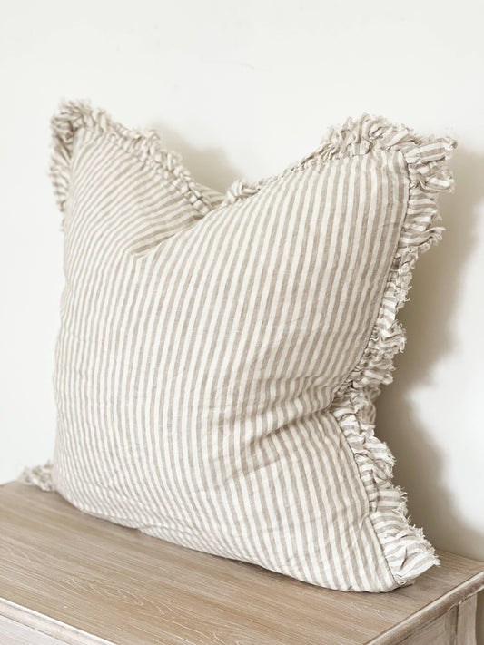 Hallie Ruffled Linen Cushion Cover – Natural Beige Stripe: 45 x 45 cm