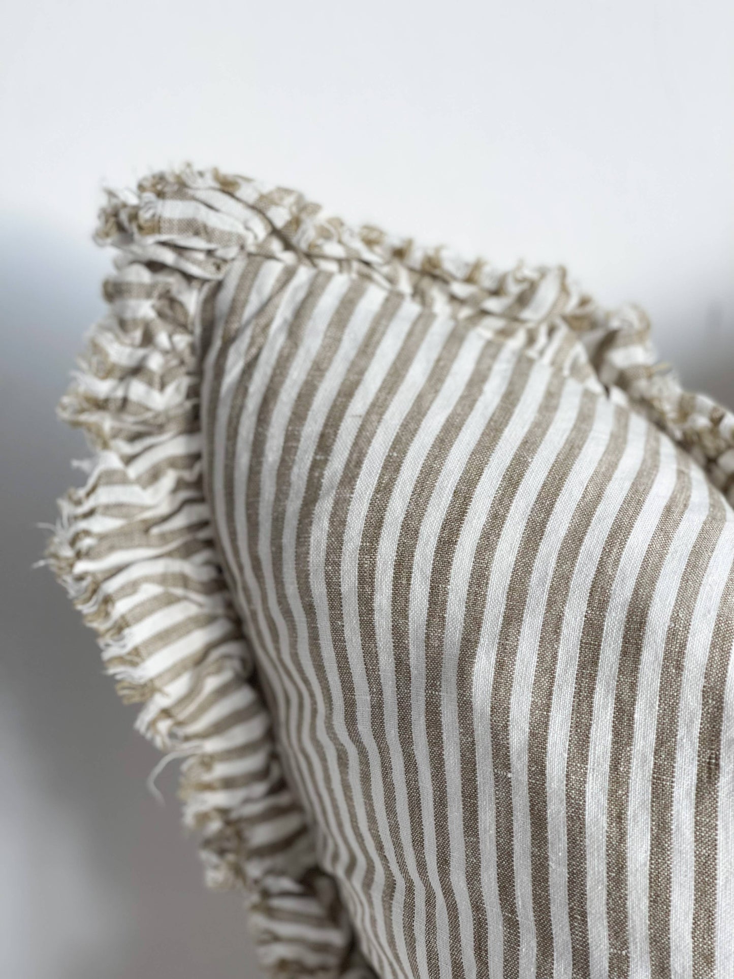 Hallie Ruffled Linen Cushion Cover – Olive Stripe: 45 x 45 cm