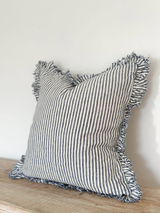 Hallie Ruffled Linen Cushion Cover – Navy Stripe