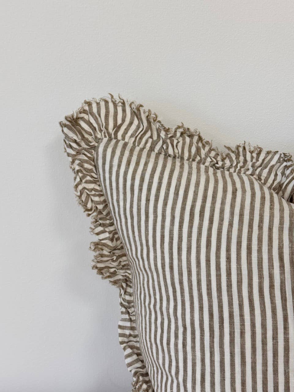 Hallie Ruffled Linen Cushion Cover – Olive Stripe